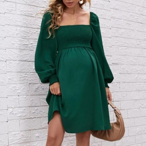 MaternityShirred Bodice Square Neck Lantern long Sleeved Dress green - Picture 2 of 5
